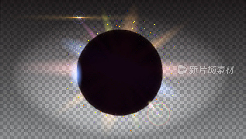 Solar eclipse, astronomical phenomenon - full sun eclipse. Space background isolated on transparent Blurred light rays and lens flare backdrop. Star burst with sparkles